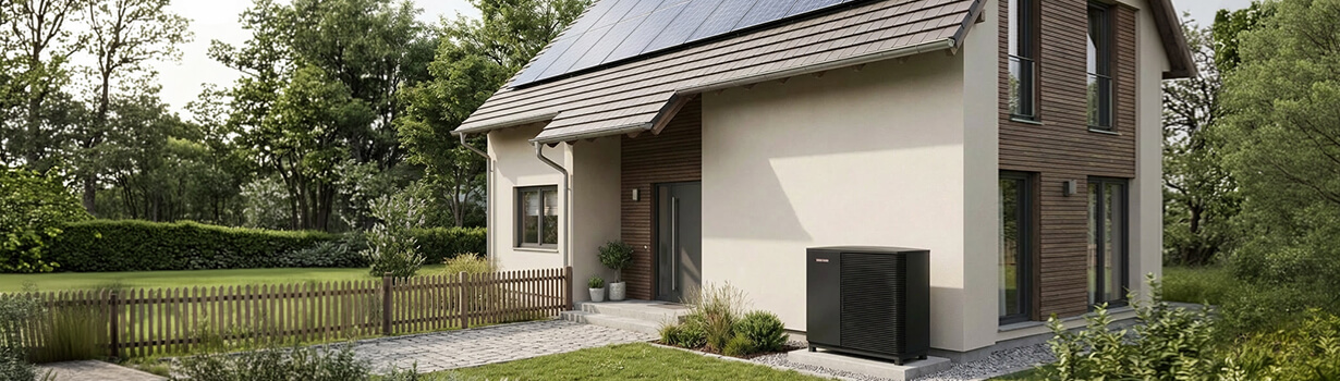 Wärmepumpe vor einem Haus mit PV-Anlage